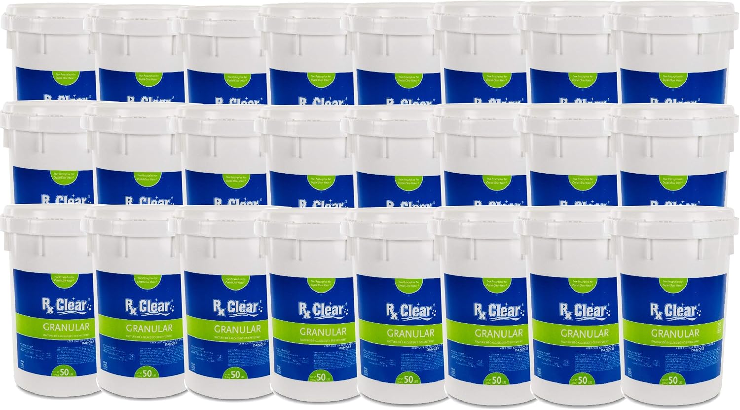 Rx Clear 1200 lbs Granular Pool Chlorine | Use As Bactericide, Algaecide, & Disinfectant in Swimming Pools, Hot Tubs, & Spas | Stabilized, Fast Dissolving & UV Protected (24 x 50 Pound Buckets)