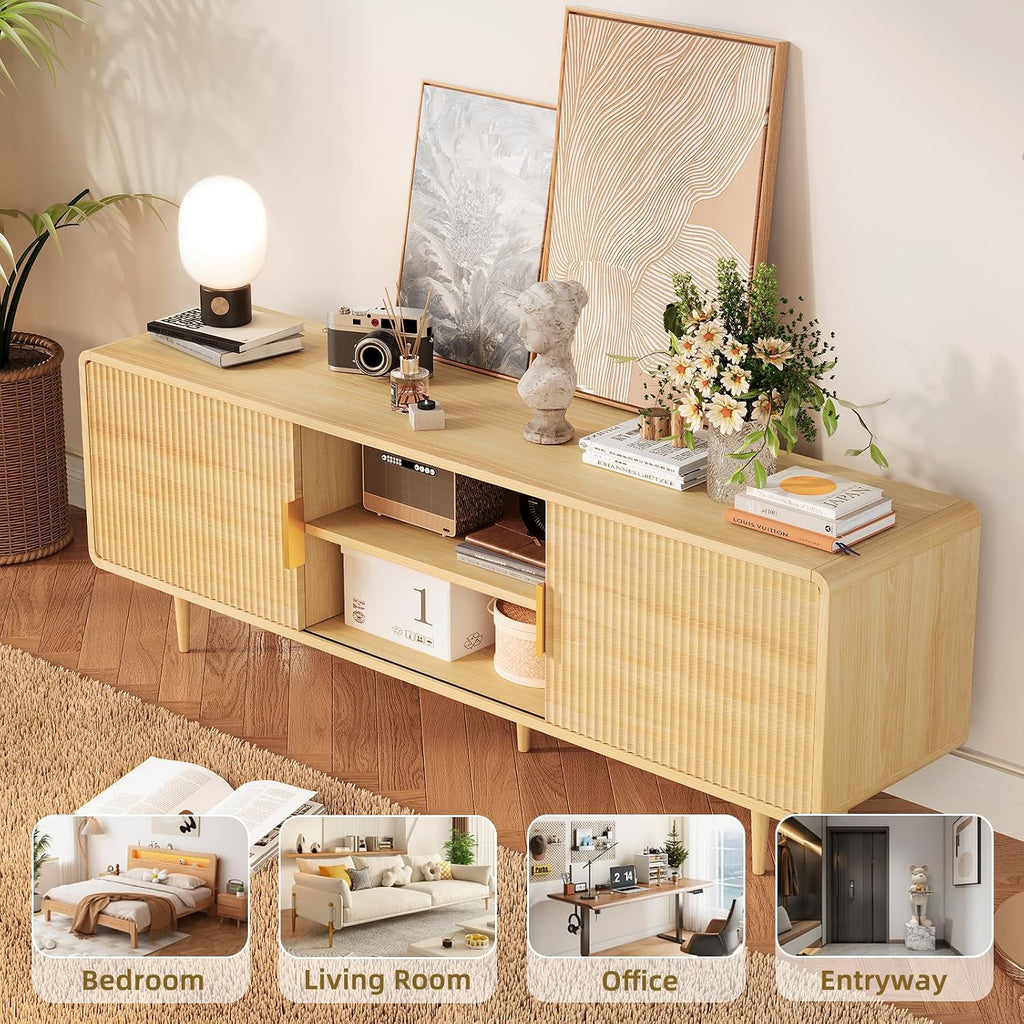 TV Stand for 65 Inch TV, Fluted TV Stand with Curved Profile Design, Wood Entertainment Center TV Console Table with Sliding Doors & Adjustable Shelves, TV Stand for Living Room Bedroom, Natural