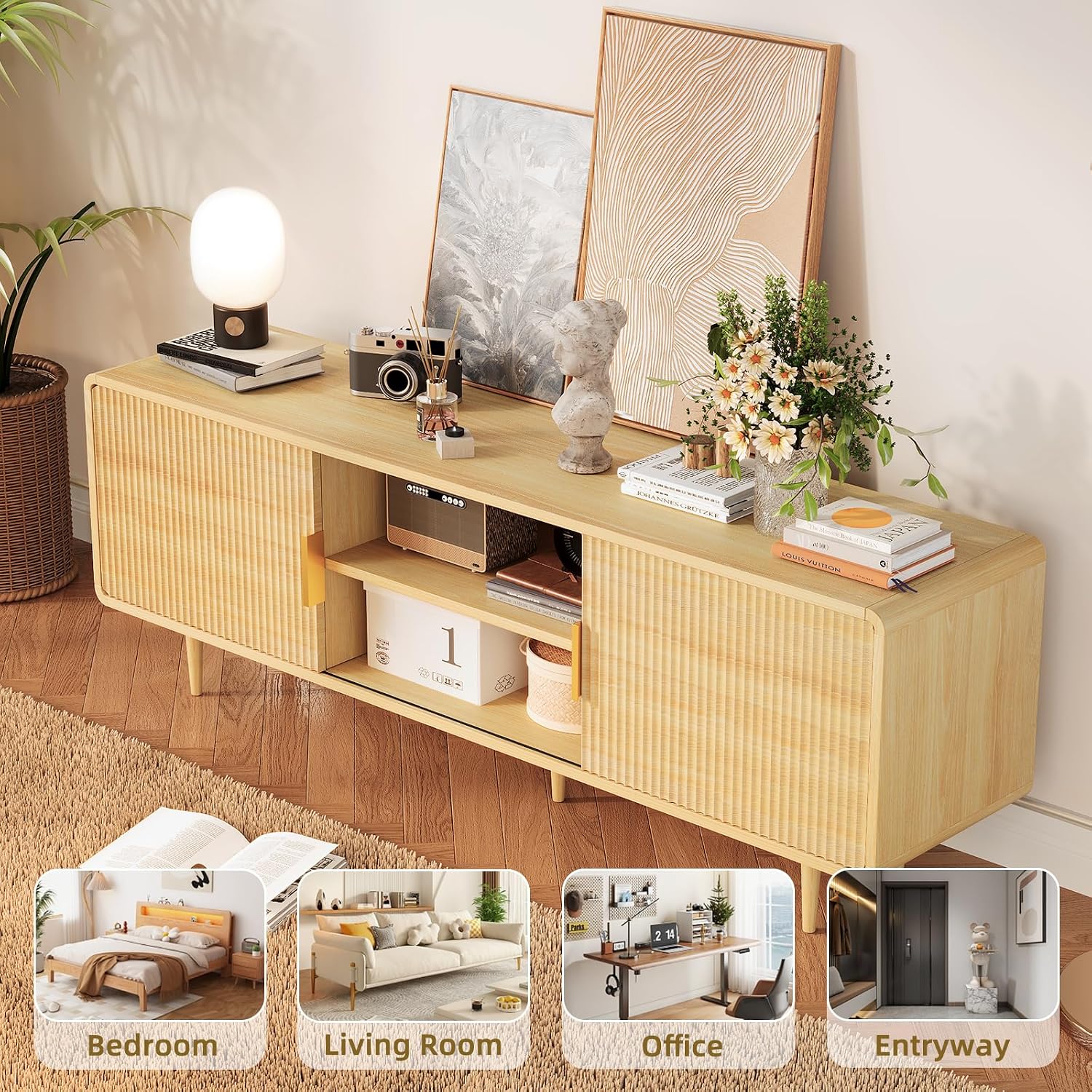 TV Stand for 65 Inch TV, Fluted TV Stand with Curved Profile Design, Wood Entertainment Center TV Console Table with Sliding Doors & Adjustable Shelves, TV Stand for Living Room Bedroom, Natural