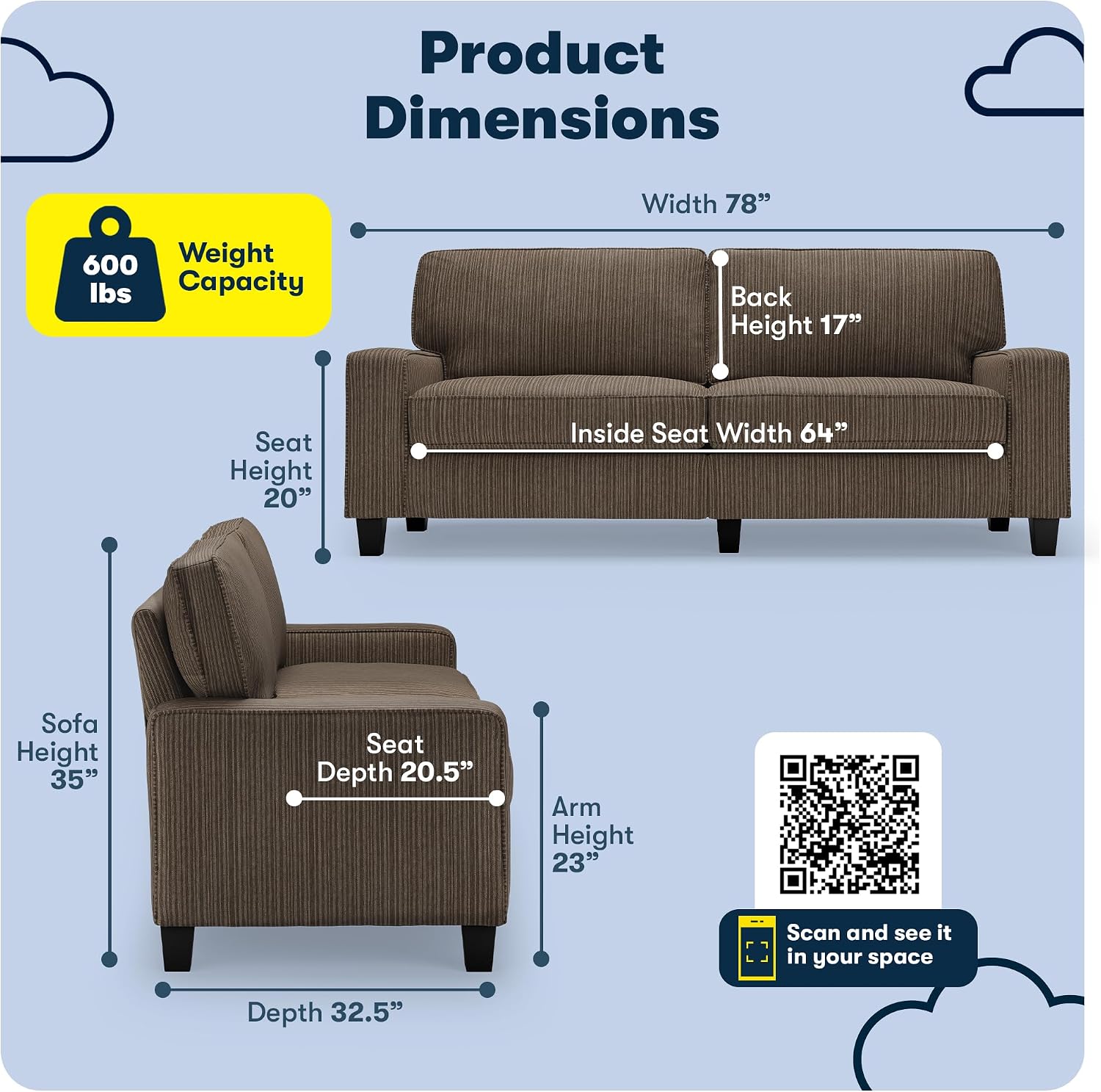 Serta Palisades 78' Track Arm Sofa, Easy Care Polyester, Soft Pillow Back, Pocket Coil Seat Cushions, Removable Covers, Loveseat or Couch for Small Spaces, Living Rooms or Bedrooms, Brown