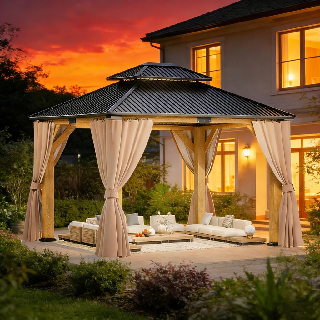 ROCSUMOO 13'x 15' Outdoor Wooden Gazebo, Patio Hardtop Gazebos with Double Roof, Double Galvanized Steel Hardtop Roof Wood Frame with Netting and Curtains (13'x 15')