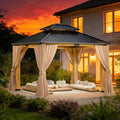 ROCSUMOO 13'x 15' Outdoor Wooden Gazebo, Patio Hardtop Gazebos with Double Roof, Double Galvanized Steel Hardtop Roof Wood Frame with Netting and Curtains (13'x 15')