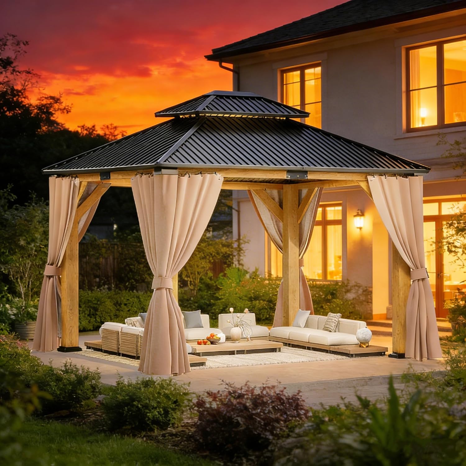 ROCSUMOO 13'x 15' Outdoor Wooden Gazebo, Patio Hardtop Gazebos with Double Roof, Double Galvanized Steel Hardtop Roof Wood Frame with Netting and Curtains (13'x 15')