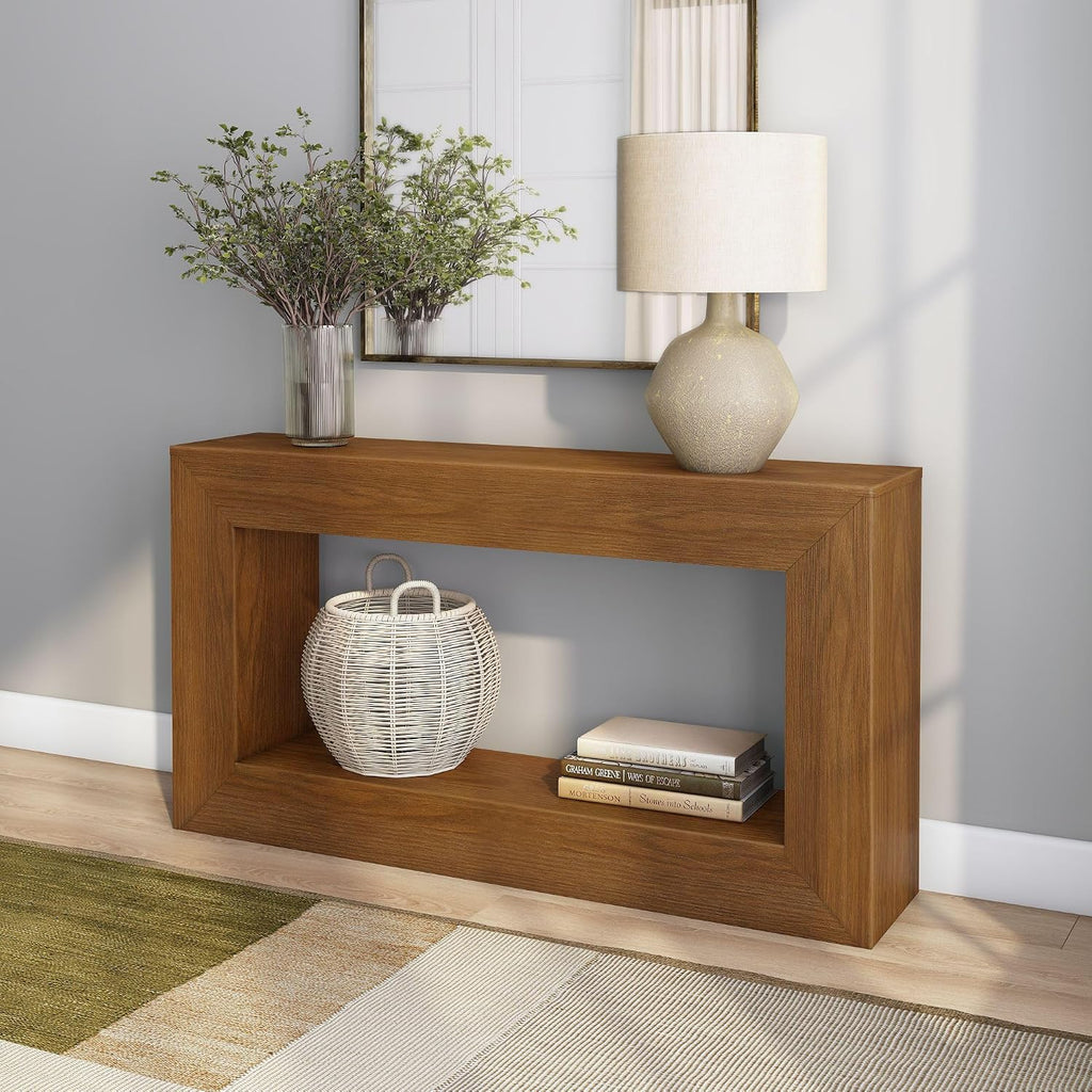 Plank+Beam Grande 56' Console Table with Bottom Shelf, Solid Pine Wood Entryway & Sofa Table, Pecan Wirebrush Finish