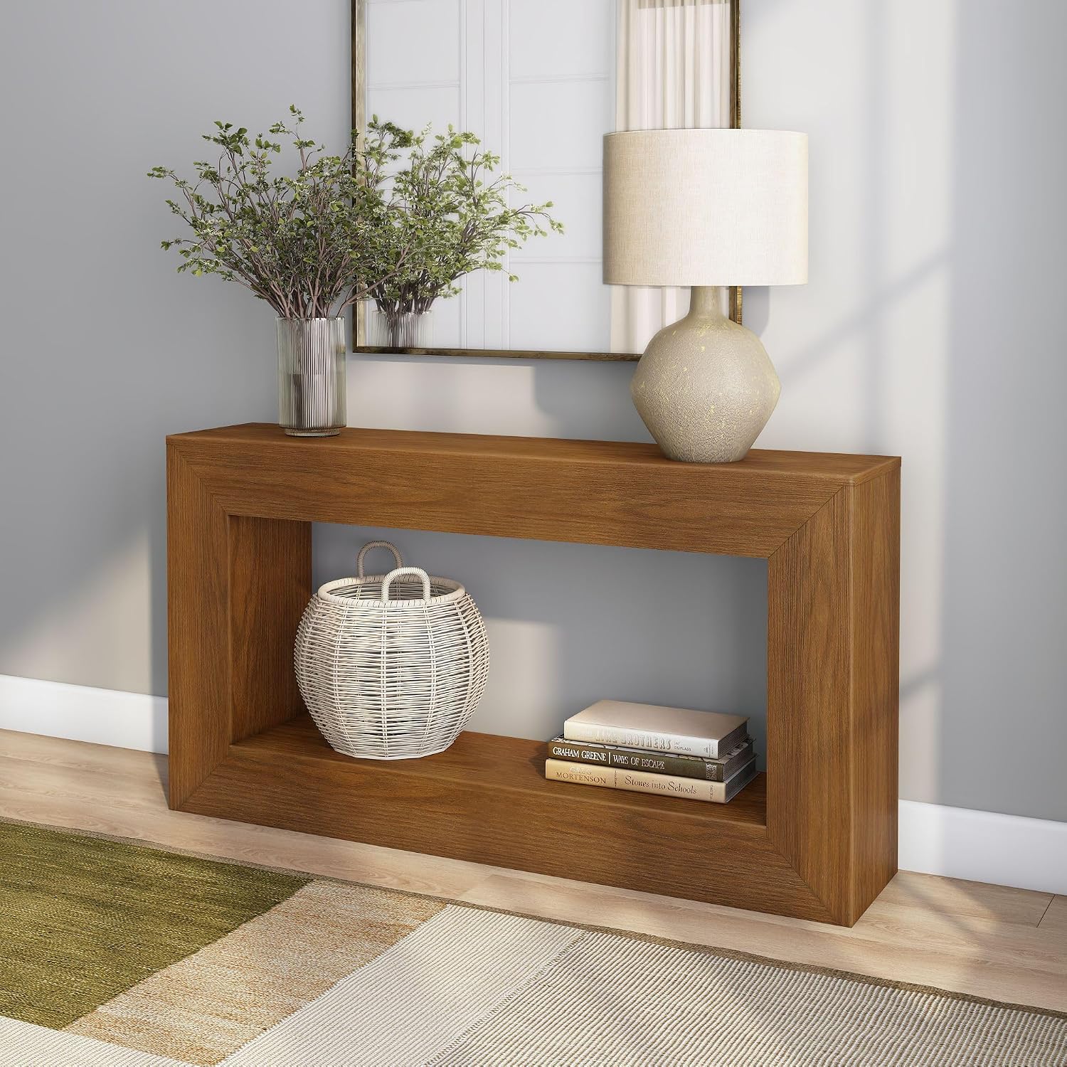 Plank+Beam Grande 56' Console Table with Bottom Shelf, Solid Pine Wood Entryway & Sofa Table, Pecan Wirebrush Finish