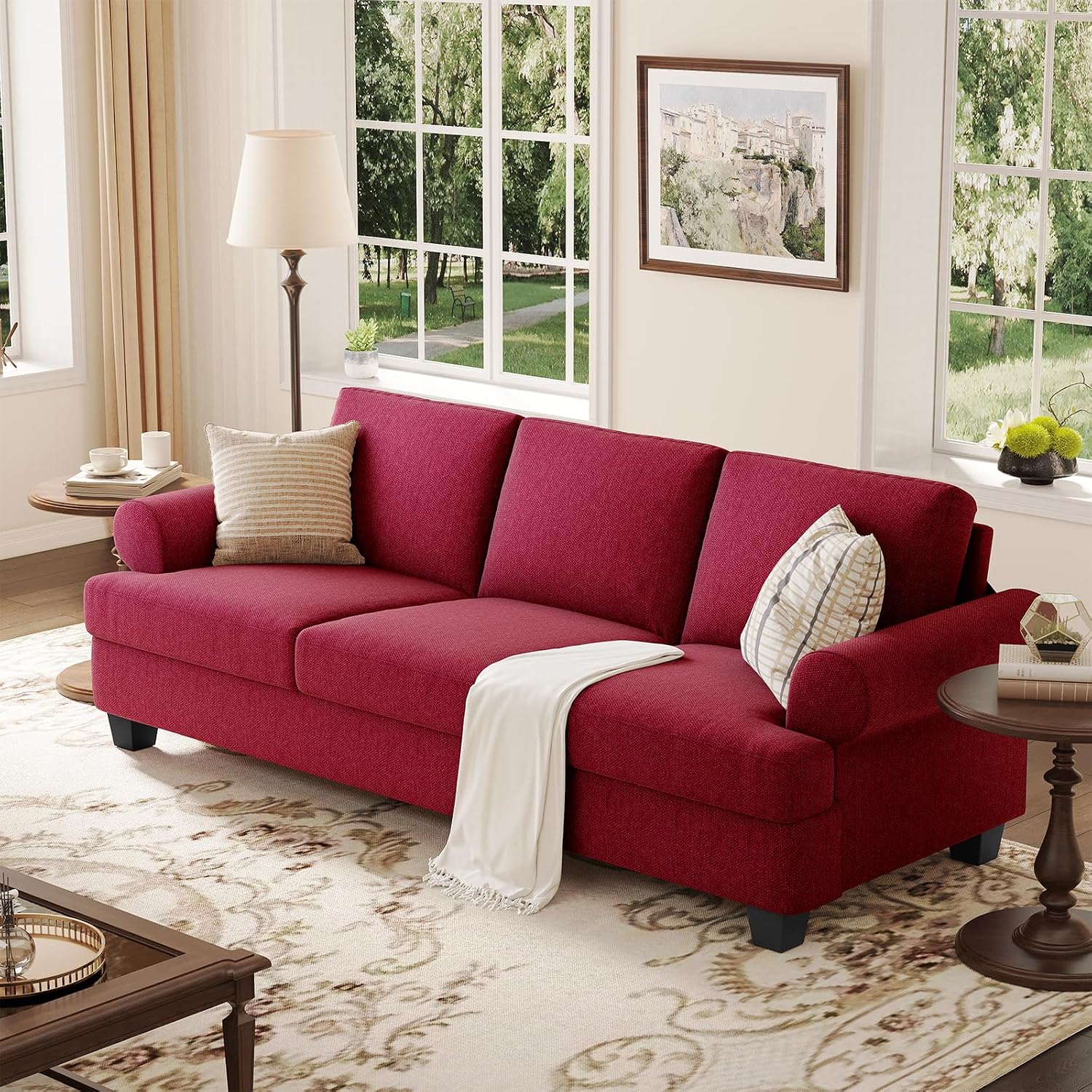 COPIAE 91 Inch Lawson Sofa with Extra Deep Seats Oversize, Mid-Century 3-Seat Sofa Couch, for Living Room, Apartment, Lounge, Red