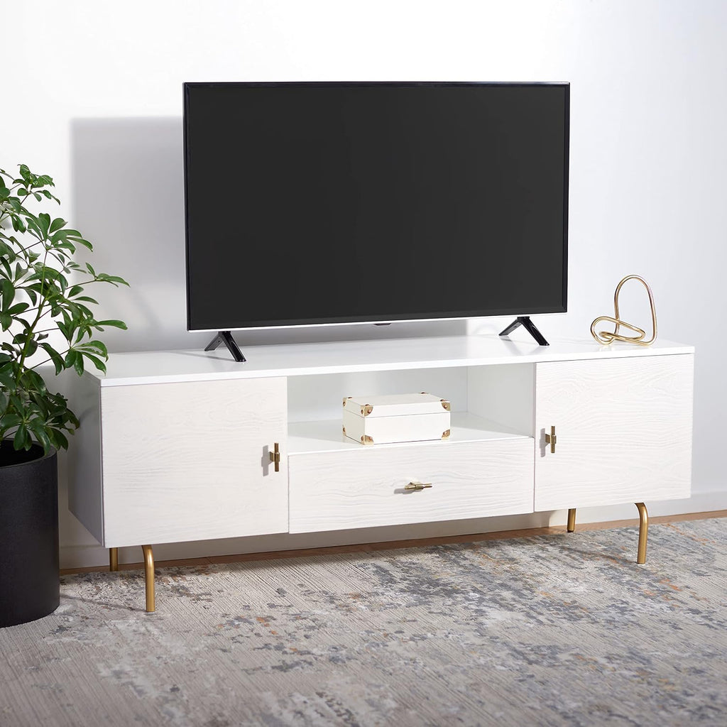 SAFAVIEH Genevieve TV Stand for up to 65' Flatscreen – White & White Washed Finish, Mid-Century Modern Storage Cabinet, Entertainment Media Console (MED5000C)