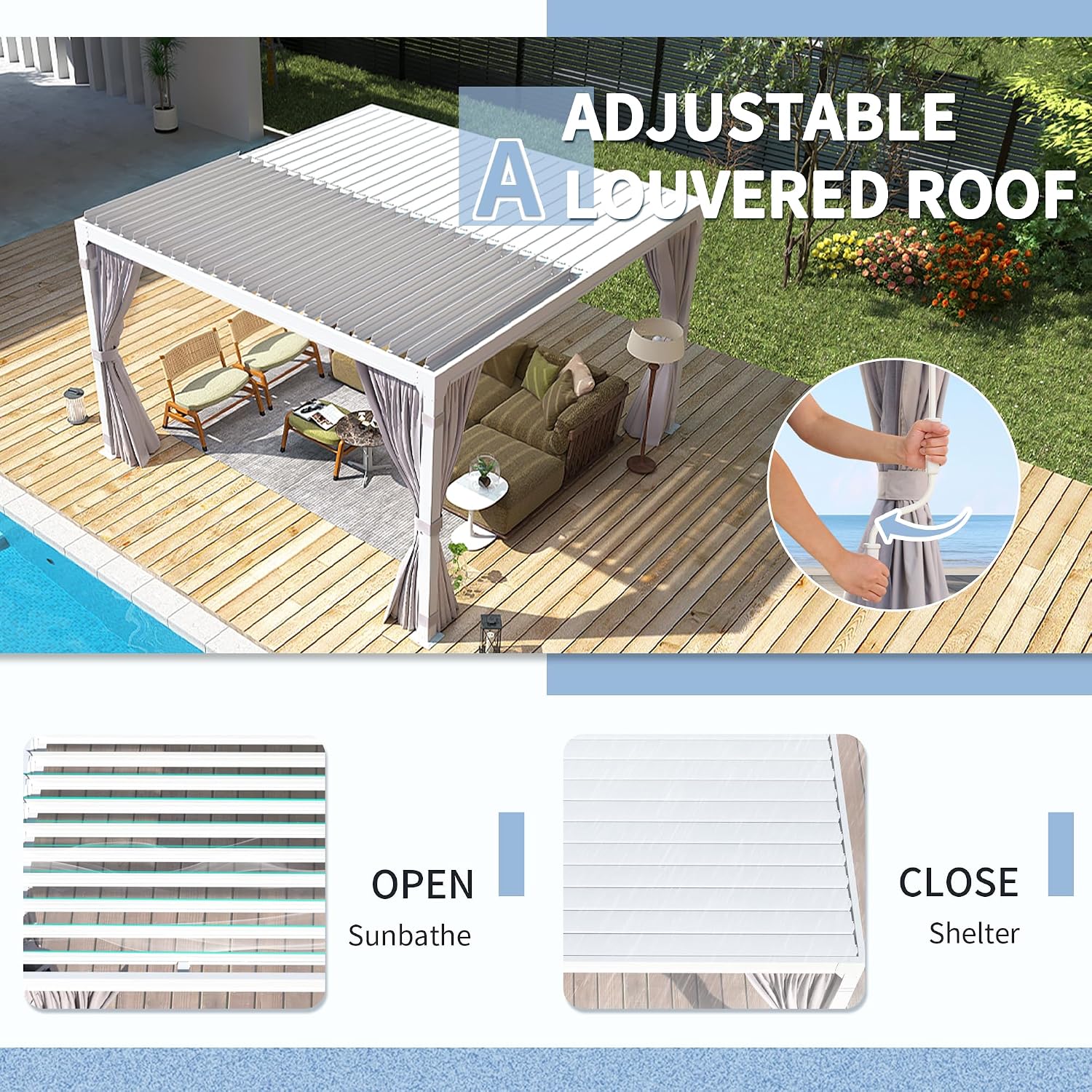 YOLENY Louvered Pergola - 10x10, All Aluminum with Adjustable Rainproof Roof, Outdoor Pergola with Curtains and Nets for Patio & Garden, White