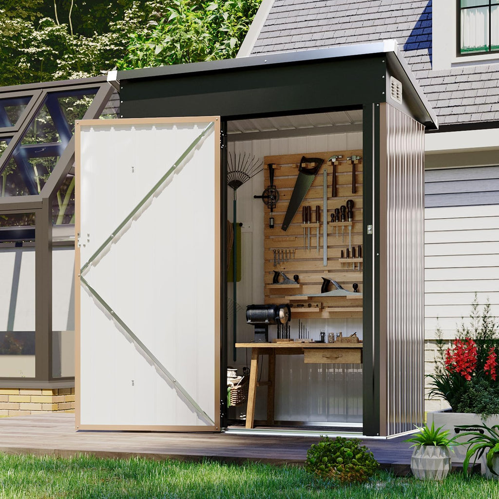4.6 x 2.5 FT Outdoor Storage Shed – Metal Shed for Trash Can, Tools, Garden Equipment, and Bikes – Brown