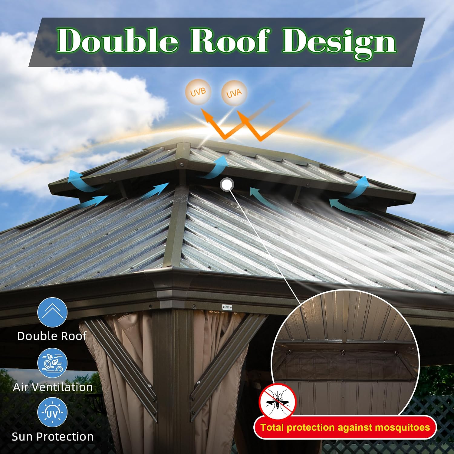 Domi 10x12FT Hardtop Gazebo, Outdoor Gazebo with Double Galvanized Steel Roof, Metal Pavilion Shelter for Patio, Lawn and Garden, Detachable Curtain and Netting Included, Brown
