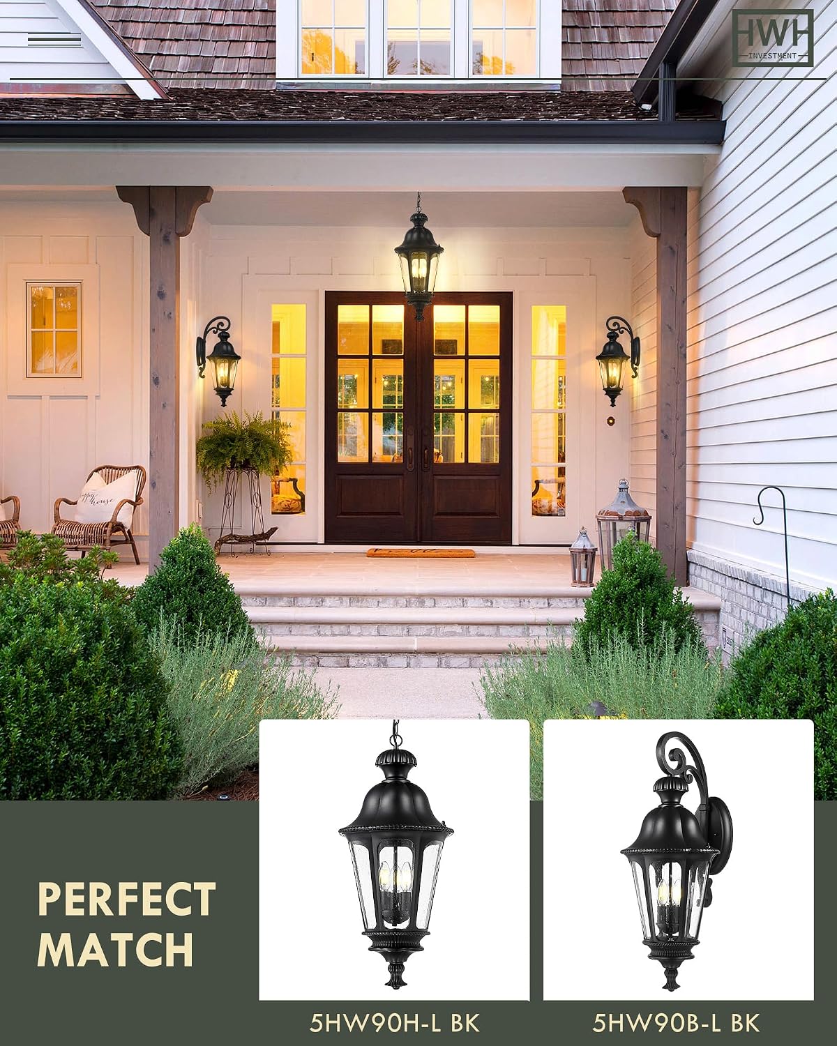 Outdoor Pendant Lights for Porch, HWH 26'' Large Exterior Hanging Light Fixtures with Seeded Glass, Outdoor Hanging Chandelier for Porch Patio Gazebo Hallway, Matte Black Finish, 5HW90H-L BK