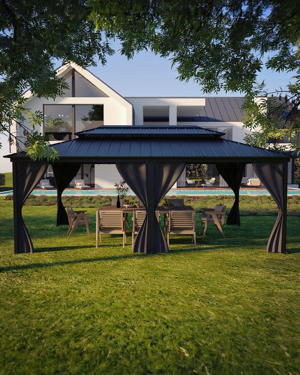 GAOMON Hardtop Gazebo 12'x20' for All Weather, with Double Metal Roof, Aluminum Alloy Frame, Net, and Curtain, Permanent Building of Backyard Luxury for Patio, Deck, Backyard, Lawn, and Garden, Gray