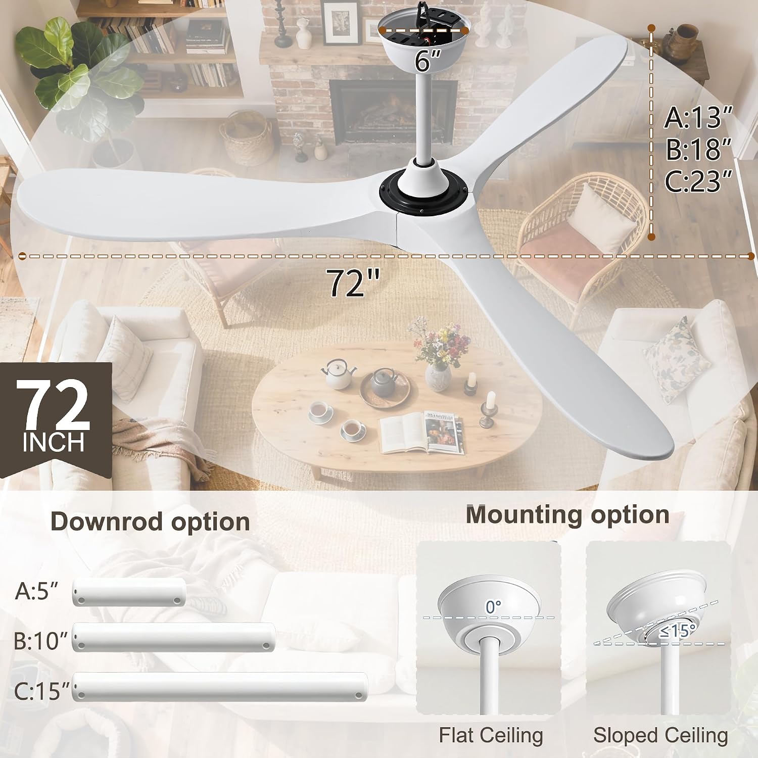 72 Inch White Ceiling Fan No Light, Wood Outdoor Ceiling Fans without Lights for Patios Gazebo Porch Living Room, Modern Exterior Extra Large High CFM Ceiling Fan No Light with Downrod