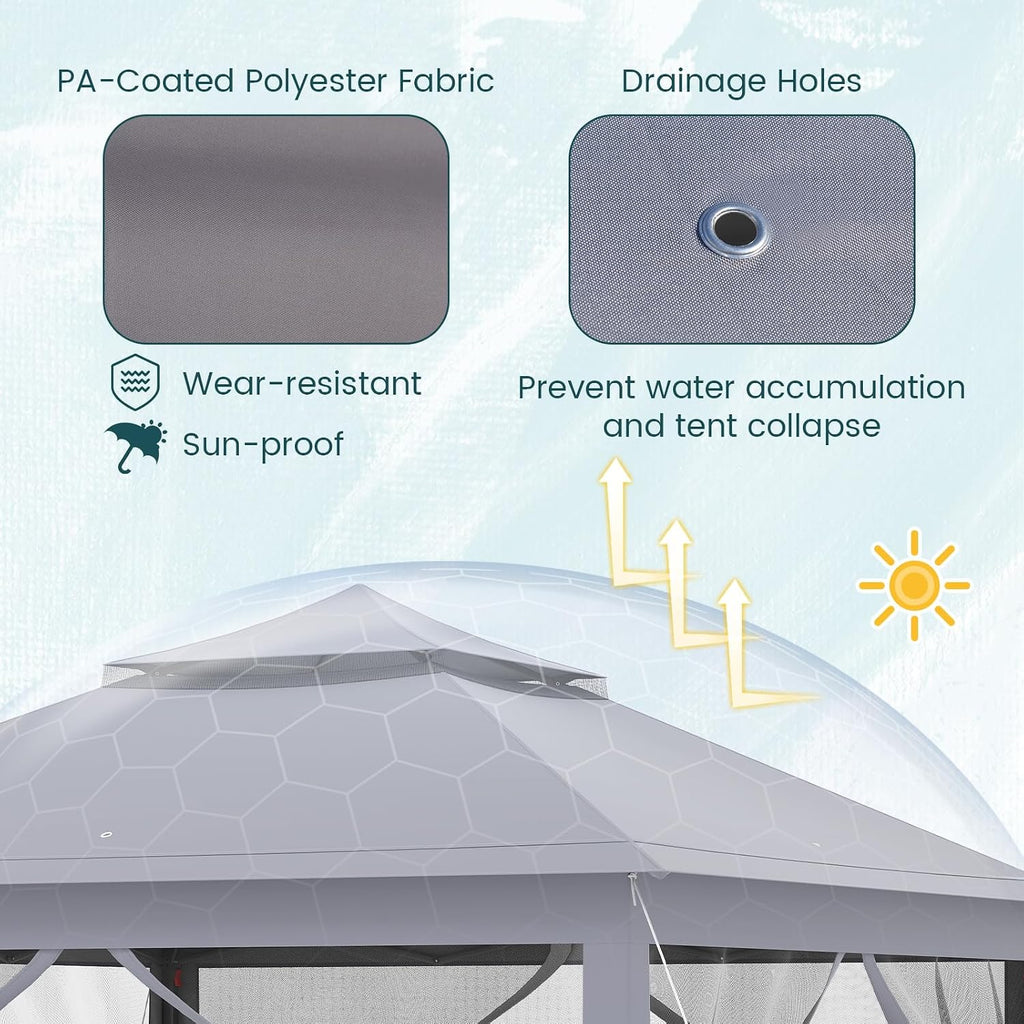 Goplus11 ft × 11 ft Pop up Gazebo, Portable Screen Canopy Shelter w/Mesh Netting Sidewalls, Vented Top, Drainage Holes, Heavy-Duty Height Adjustable Easy Setup Party Tent for Backyard