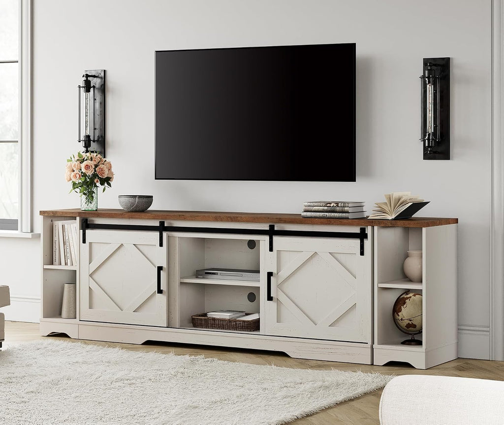 WAMPAT 3-in-1 Modern Farmhouse TV Stand for up to 95' TV, 25.6' H Wood Entertainment Center with Sliding Barn Door and Adjustable Media Storage Shelf for Living Room, Antique White