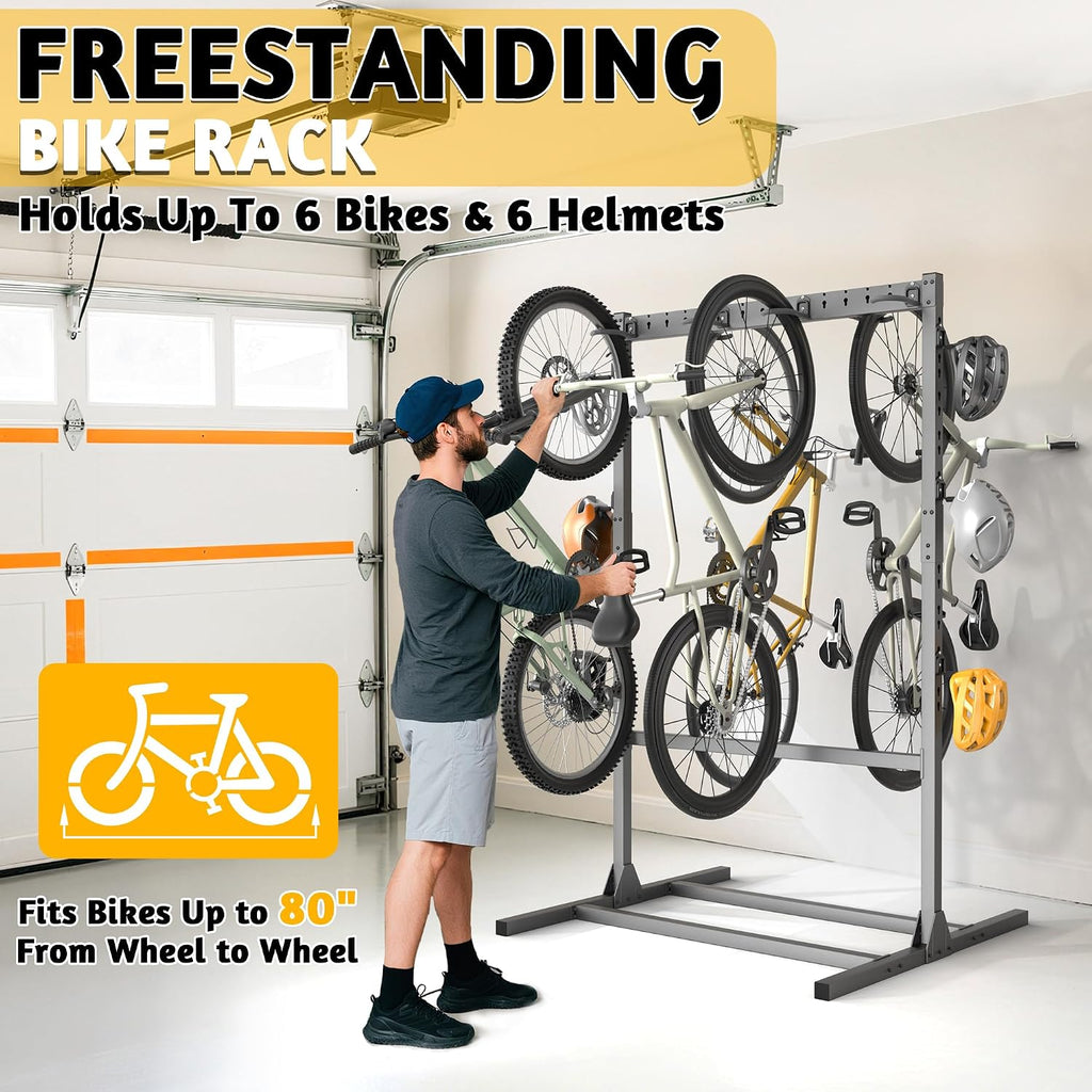 Ultrawall Freestanding Bike Stand, Vertical Bike Storage Stand Rack for Garage, Indoor Bicycle Organizer with Adjustable Hooks, Holds Up to 6 Bikes & 6 Helmets
