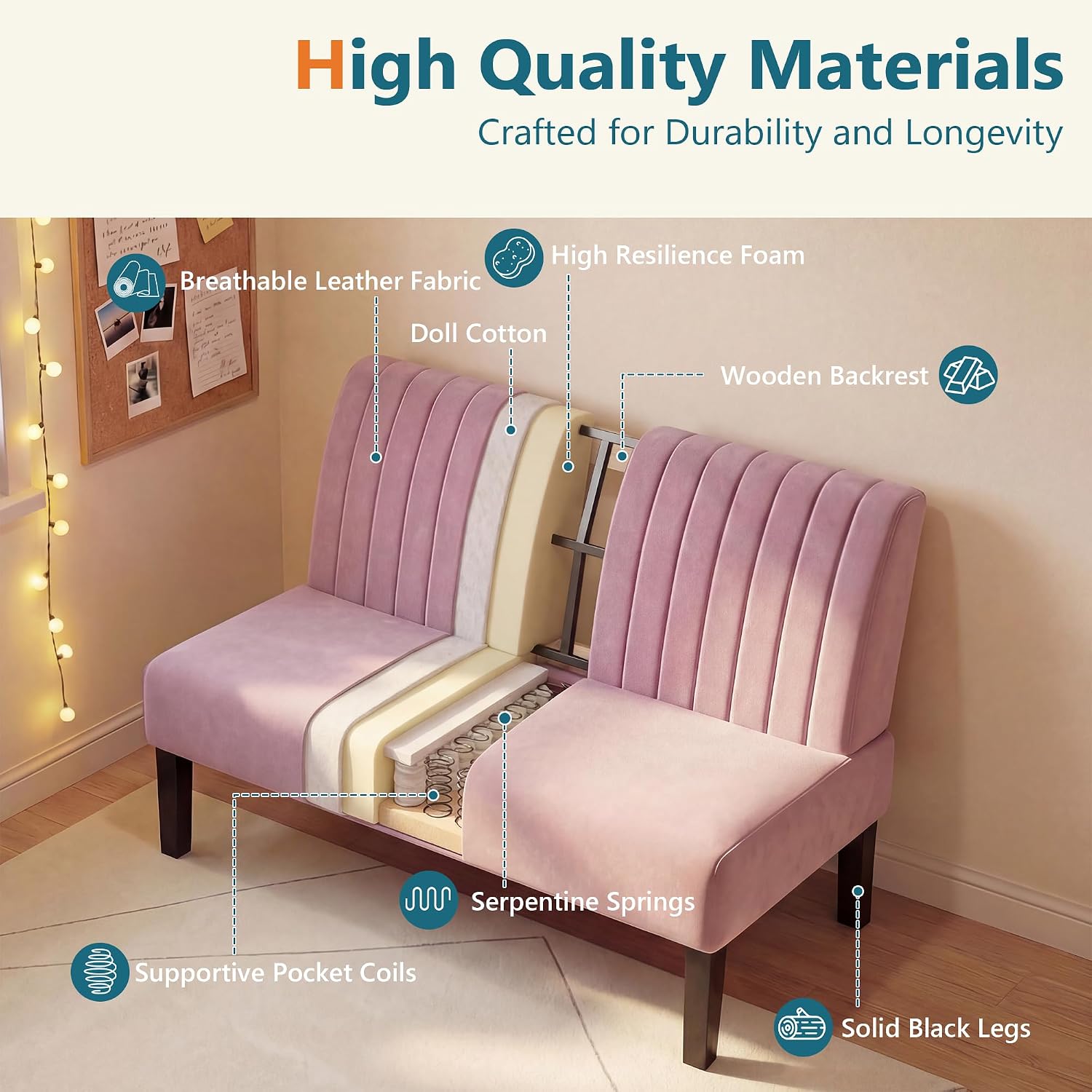 STHOUYN Mini Small Comfy Couch Armless Loveseat Sofa for Bedroom with USB Port, Velvet Couches for Small Spaces Living Room, Apartment Office Dorm (Pink)