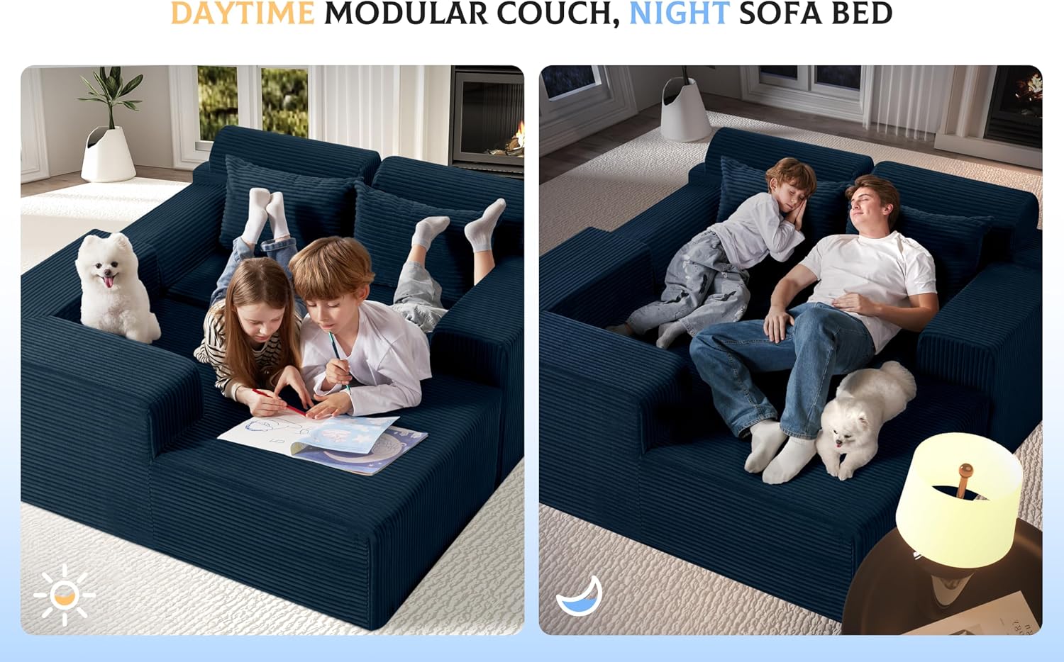 Homguava Modular Sectional Couches for Living Room,105' Cloud Couch with L-Shape Chaise,Comfy Sofa Living Room Sofas with Deep Seat,No Assembly L Couch,Corduroy Fabric(Blue,L)