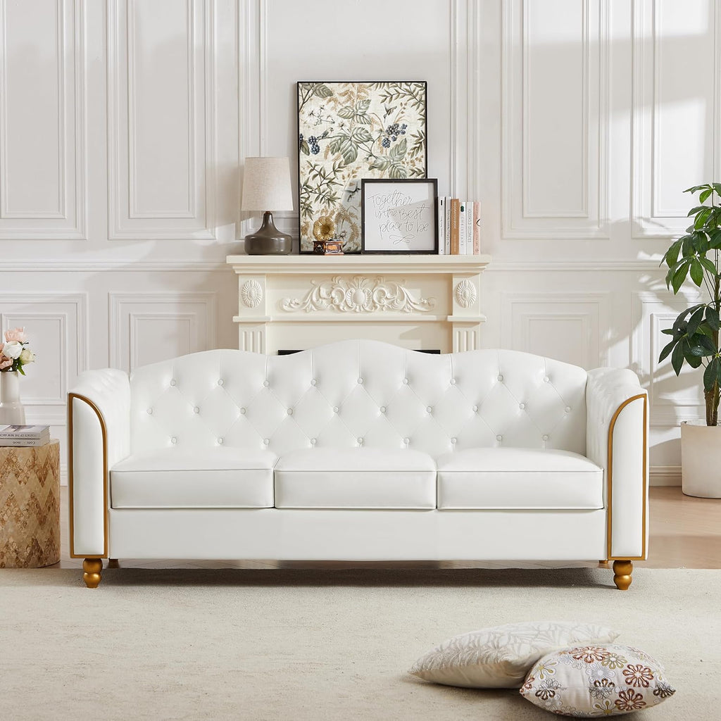 HITHOS 78' Leather Sofa Couch, Soft 3 Seater Sofa Couches for Living Room, Button Tufted Comfy Couch Modern Sofa with Upholstered Cushion, Gold Trim, Solid Wood Legs for Dorm Bedroom Apartment, White