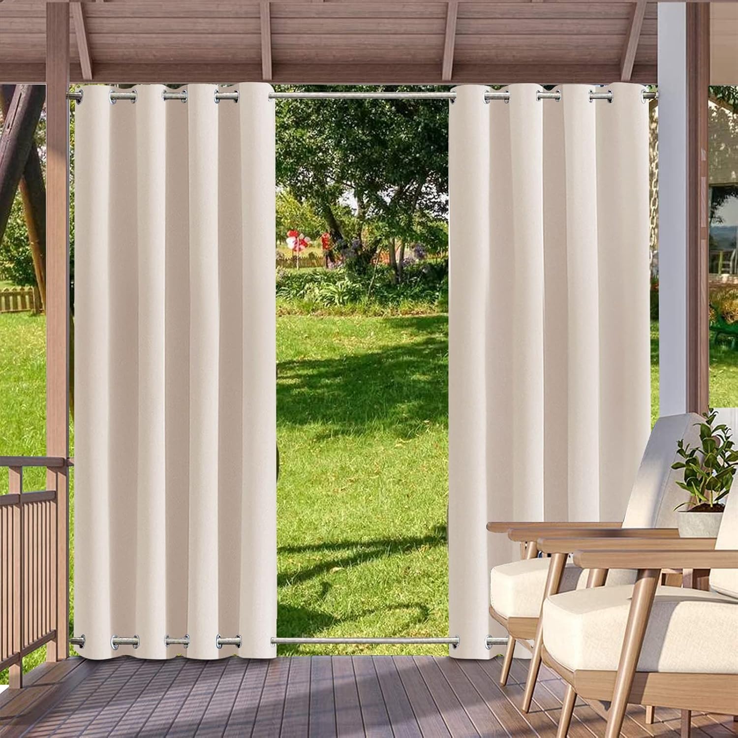 SK Studio Outdoor Curtains for Patio Waterproof Sunlight Block Rustproof Grommet Top and Bottom Windbreak Privacy Curtain for Gazebo, Front Porch, Pergola, 2 Panels, Beige 1, 52' W x 120' L