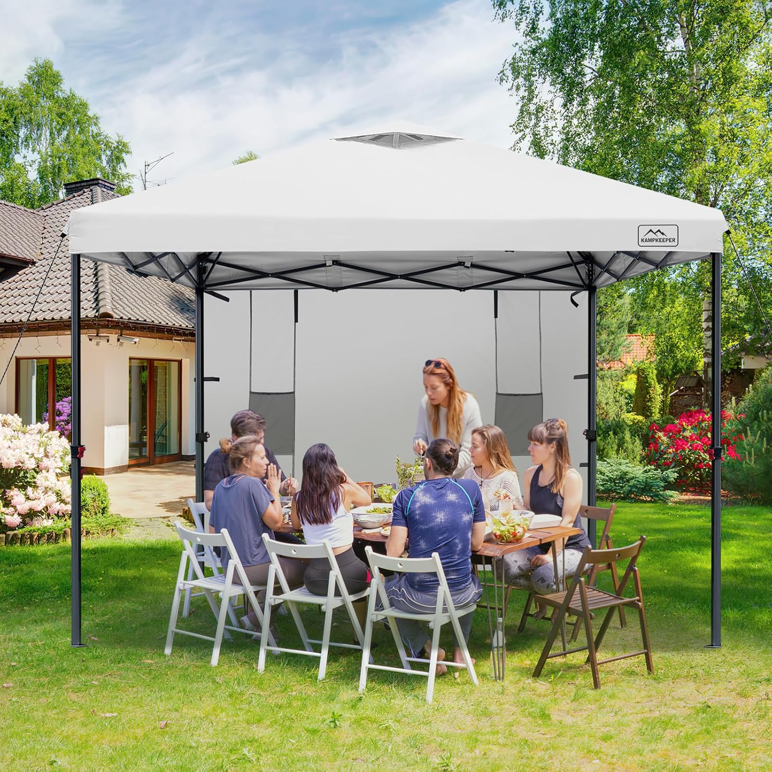 KAMPKEEPER 10x10 Easy Pop Up Canopy Tent with Sidewalls, Instant Outdoor Shade Shelter with Removable 10FT Sun Walls, Quick Setup Waterproof and UV-Resistant(White, 10x10FT with 1 sidewall)