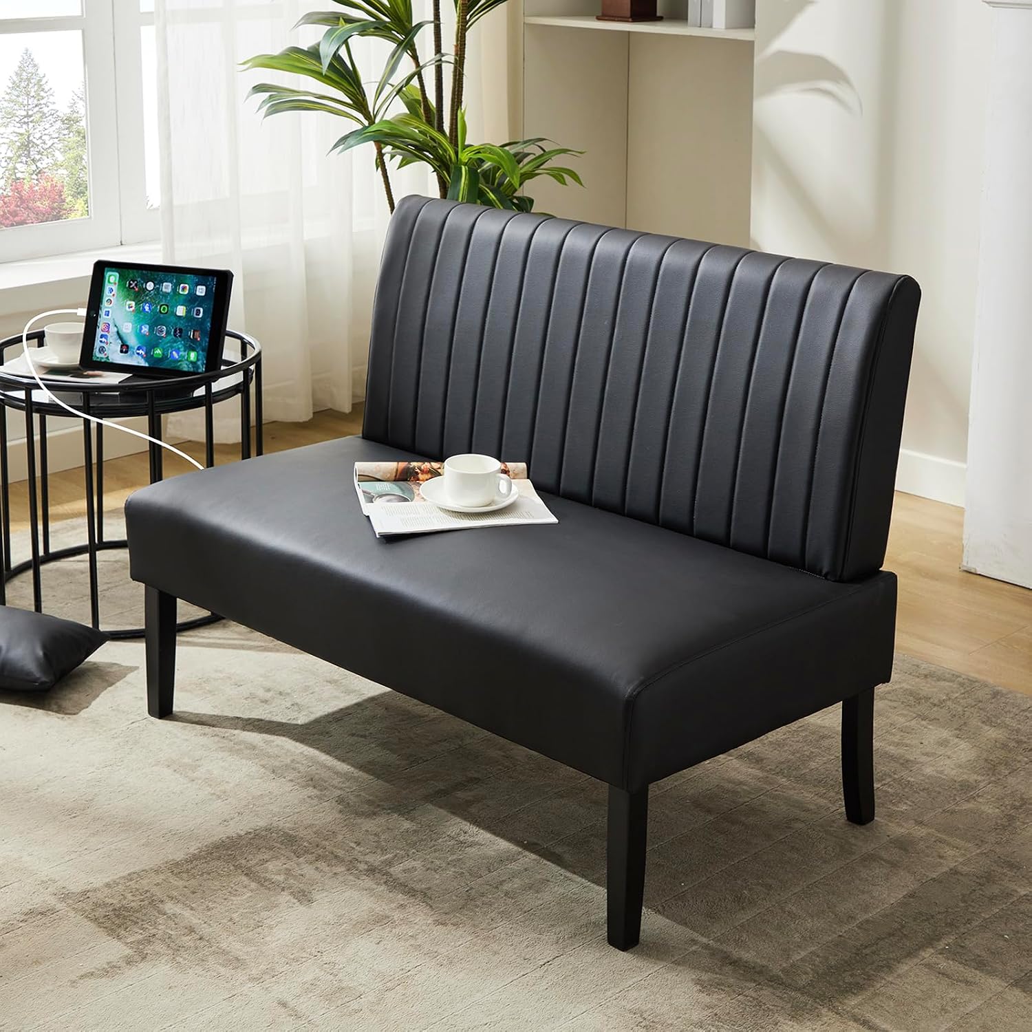 STHOUYN 43' W Mini Small Black Leather Couch Armless Loveseat Sofa for Bedroom with USB Port, Small Couches for SmallSpaces Living Room, Apartment Office Dorm (Black)