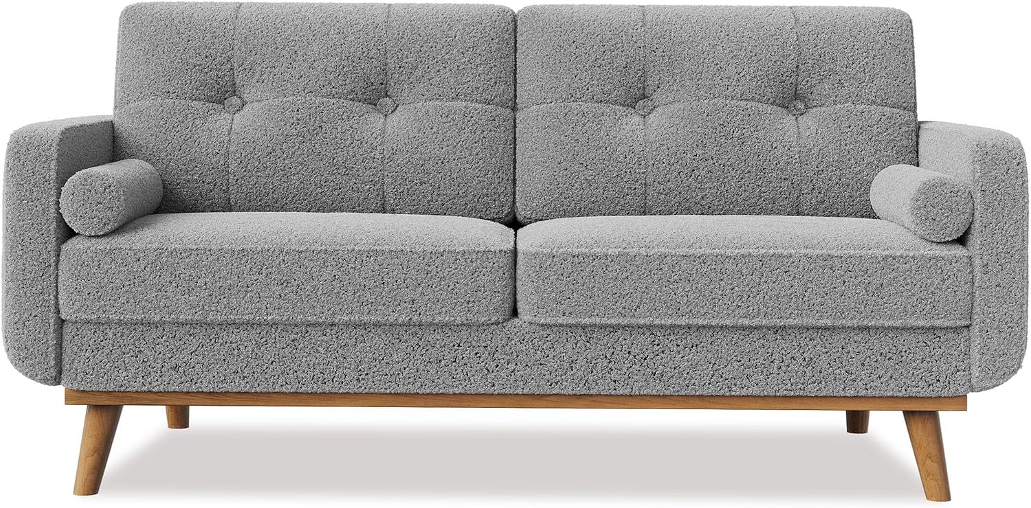 IDEALHOUSE 65' Mid Century Modern Couch Sofa Loveseat, Comfy Love Seat Couches for Living Room, 2 Seater Teddy Fleece Boucle Upholstered Deep Seat Couch for Bedroom Office Small Space, Gray