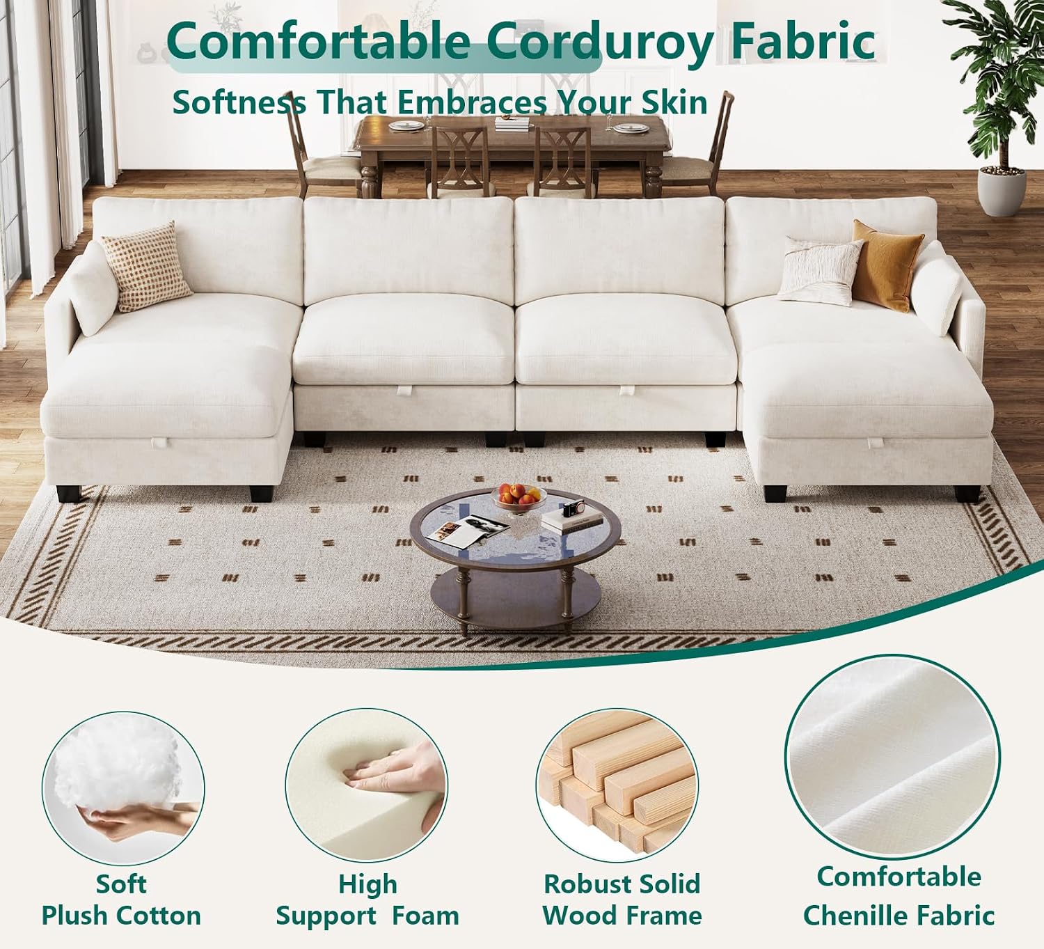 Modular Sectional U Shaped Sofa Couches for Living Room, Cloud Couch with Storage Ottoman, Comfy Chenille Sofa with Pillow, Beige