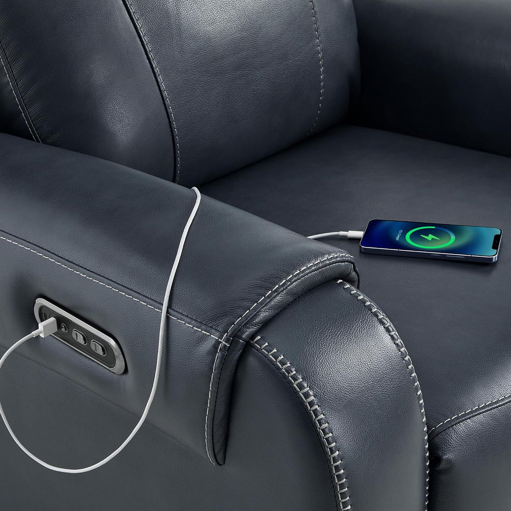 CHITA Genuine Leather Power Recliner Sofa, Wall Hugger Reclining Sofa with Power Headrest, Dual Motor, USB Charging Ports, Recliner Couch for Living Room, RV, Leather in Navy