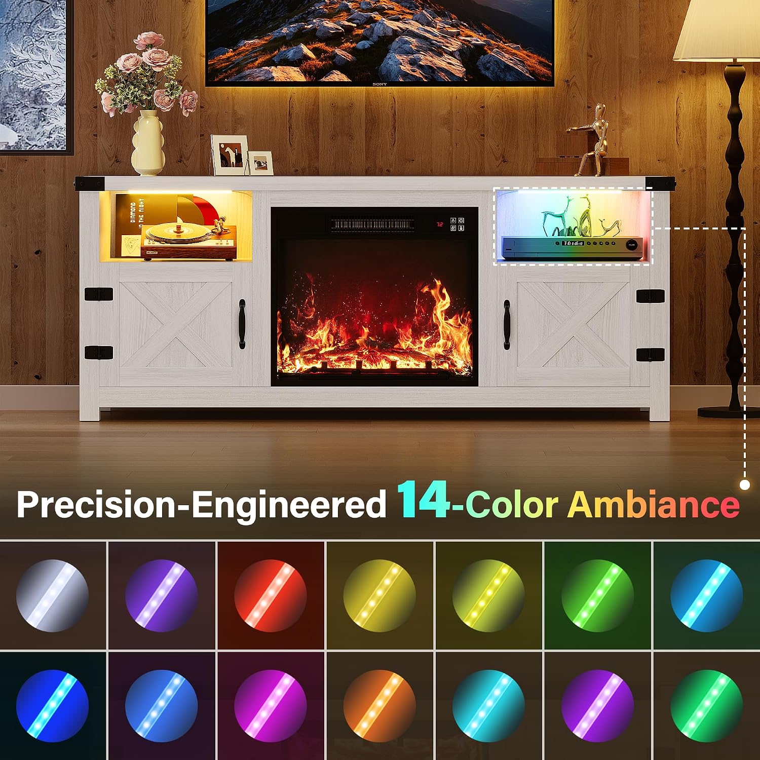 YESHOMY LED Fireplace TV Stand with Mood Lighting, TV Cabinet with Open Shelf, Farmhouse Media Console with Hidden Cable Routing, Entertainment Center for Televisions up to 65+ Inch, White