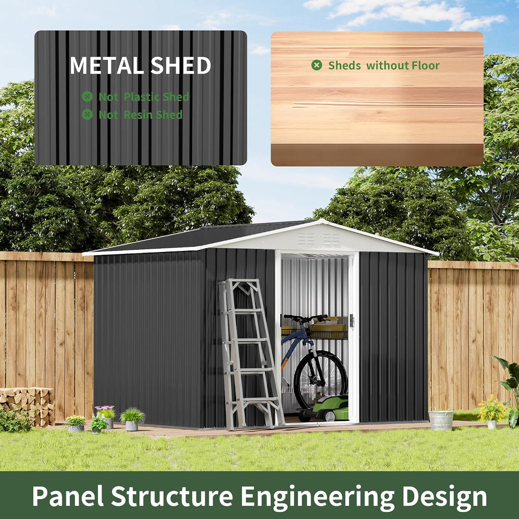 8x6 FT Large Outdoor Storage Shed, Galvanized Tool Shed, Metal Garden Shed with Apex Roof & Lockable Door, Waterproof Rust-Resistant for Patio Furniture Lawnmower Bike