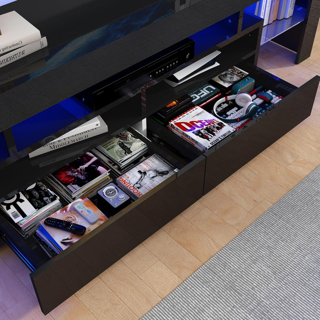 Uspeedy 63in TV Stand for 65/70 inch TV,Modern LED TV Stand for Living Room,Black TV Stand,High Gloss TV Entertainment Center with Storage Drawer,APP RGB Light,TV Console(63in Black)