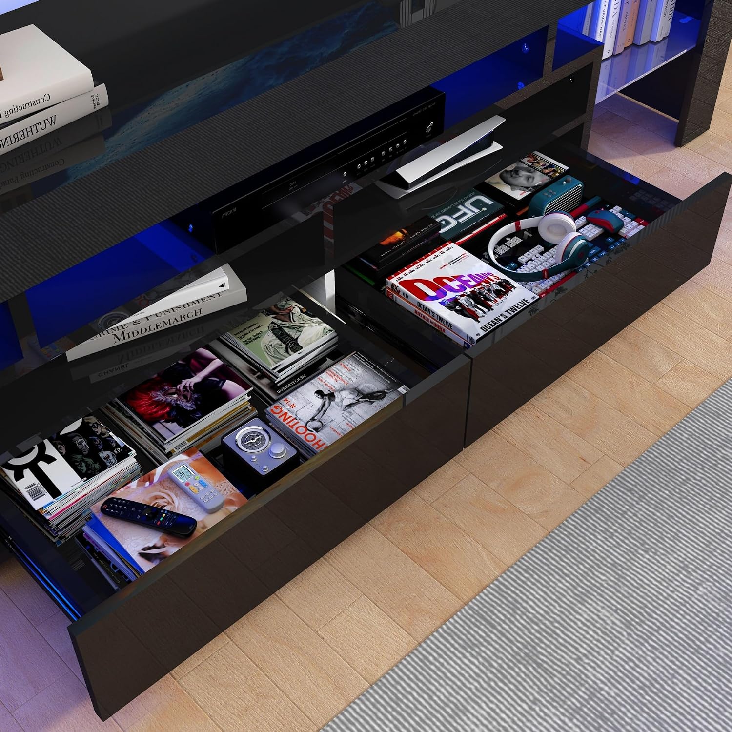Uspeedy 63in TV Stand for 65/70 inch TV,Modern LED TV Stand for Living Room,Black TV Stand,High Gloss TV Entertainment Center with Storage Drawer,APP RGB Light,TV Console(63in Black)