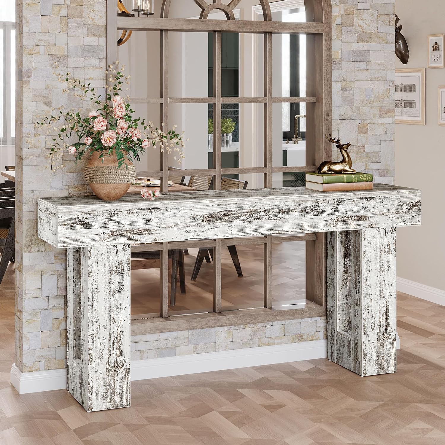 Tribesigns 63-Inch Long Console Table, Farmhouse Wooden Sofa Table Behind The Couch, Narrow Entryway Table for Entrance, Hallway, Living Room (Distressed White)