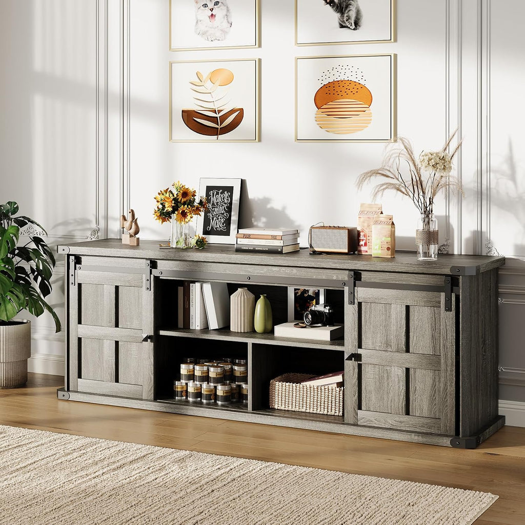 GarveeHome 70 in Farmhouse TV Stand for 75 in TVs, Modern Entertainment Center with Sliding Barn Doors, Modern Media TV Console Table, Wood Long TV Stand for Living Room