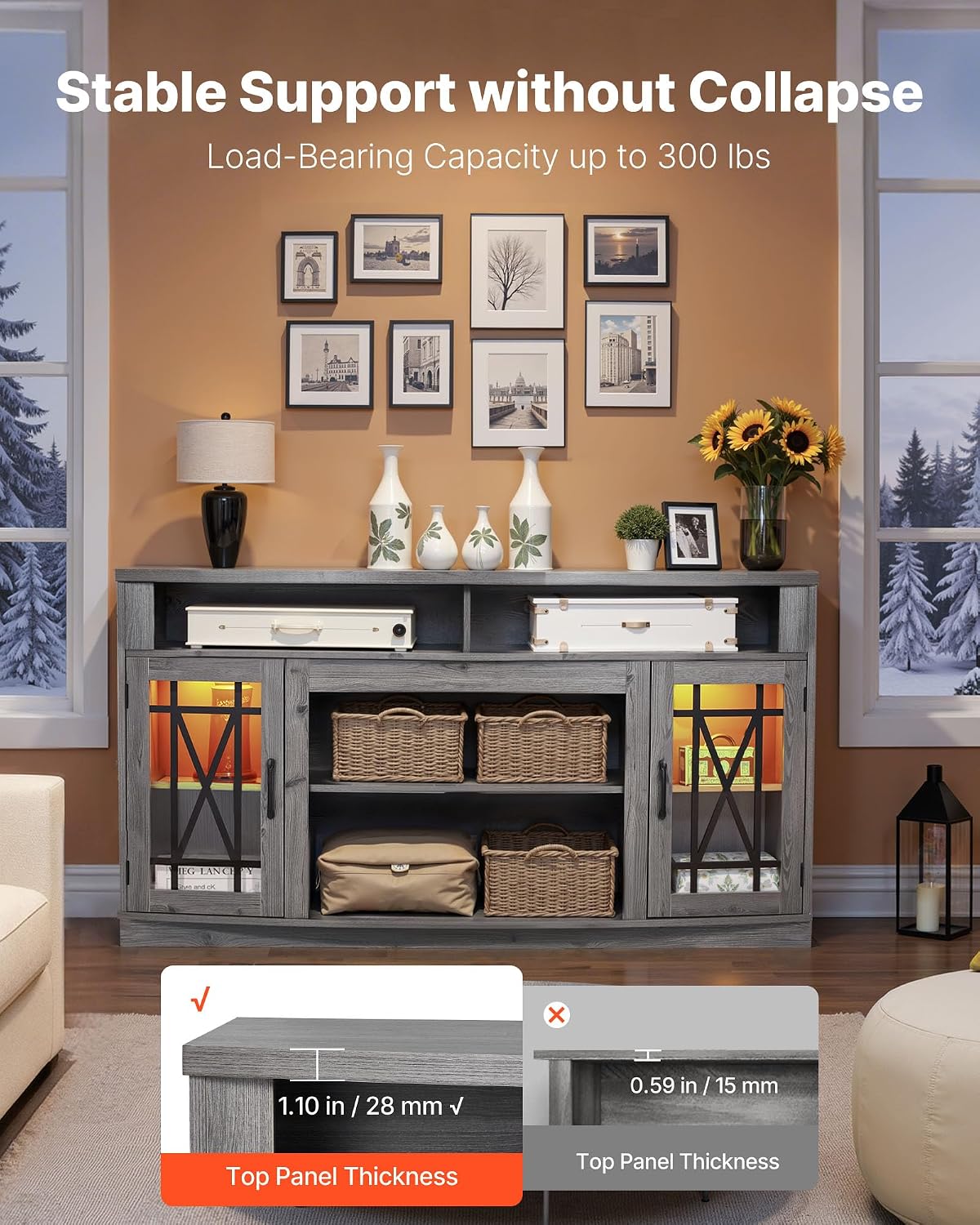 VEVOR Farmhouse TV Stand for 65 inch TVs, LED Entertainment Center with Glass Doors, Rustic Wood TV Cabinet with Adjustable Storage Shelves, Media Console for Living Room, Bedroom, Gray
