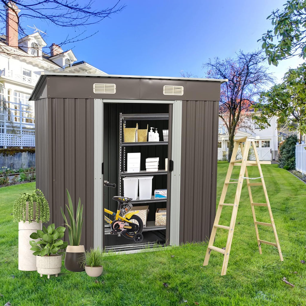 YOPTO 6×4 FT Outdoor Metal Storage Shed with Integrated Punched Vents,Heavy Duty Storage House W/Padlock and Sliding Doors,Large Waterproof Outdoor Tools Sheds for Garden,Backyard,Patio,Grey