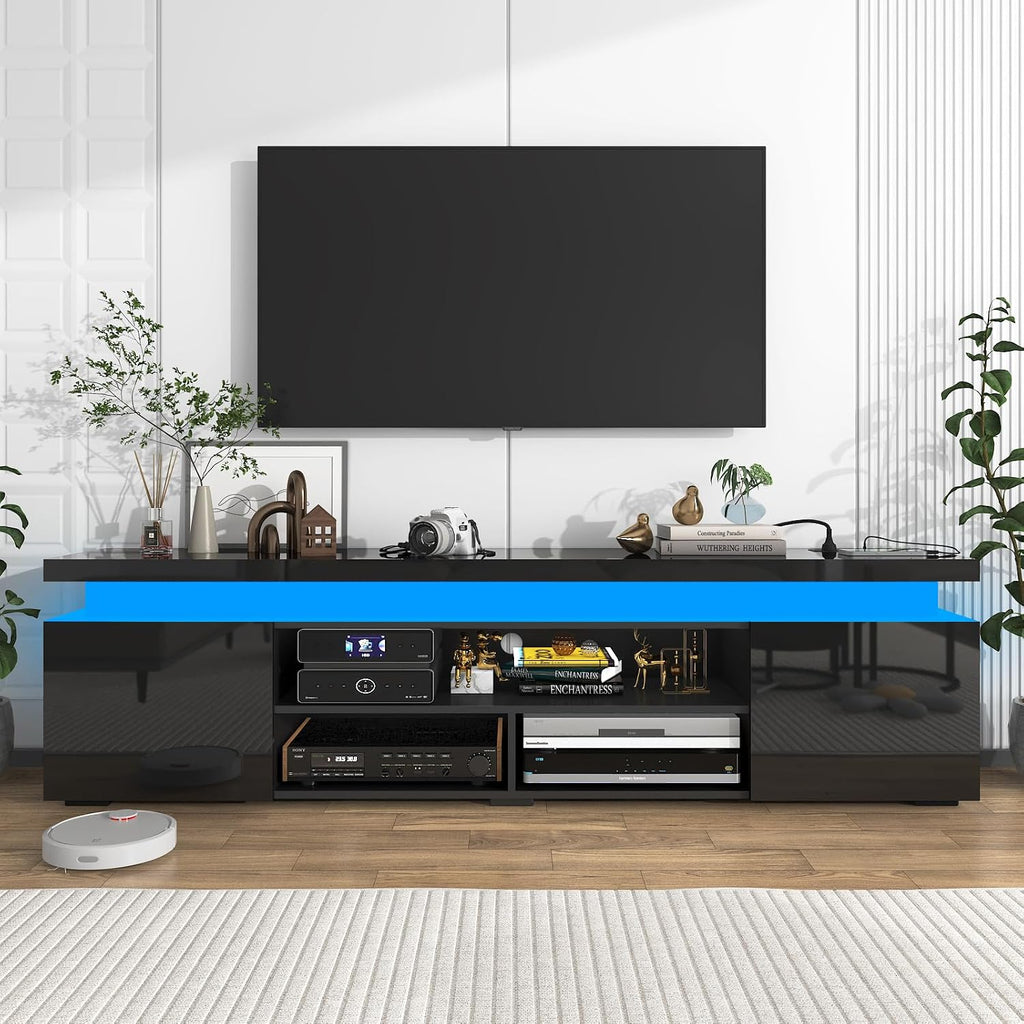 Hlivelood LED TV Stand for 85 Inch TV, Modern TV Stand with Power Outlet, High Gloss TV Console Entertainment Center with Storage and LED Lights for Living Room, Bedroom (73 Inch, Black)
