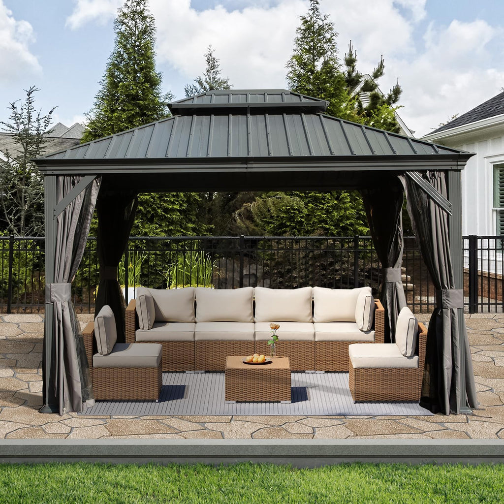 Domi Hardtop Gazebo 10x12FT, Outdoor with Galvanized Steel Double Roof, Metal Gazebo with Drainage System, Detachable Curtain and Netting, Metal Pavilion for Patio Deck Garden, Gray