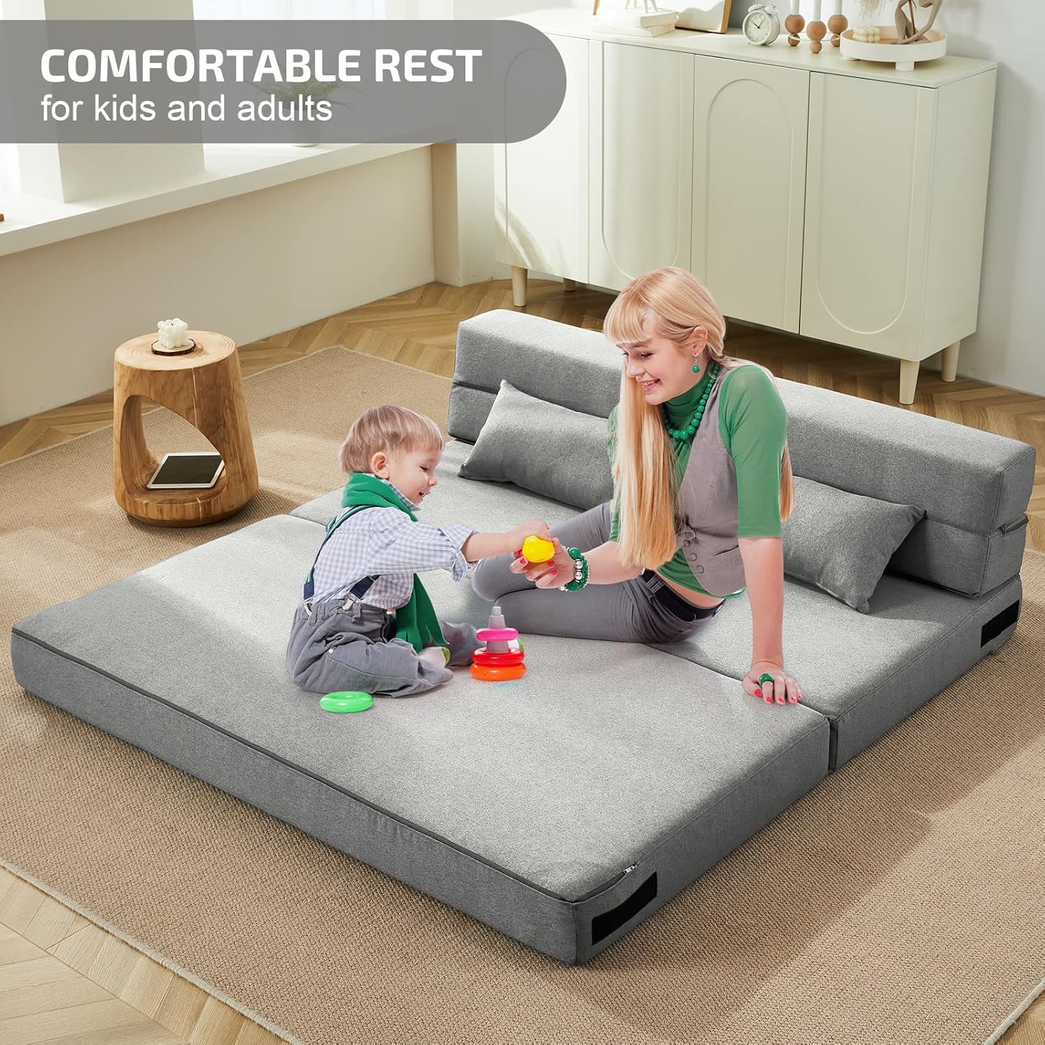 SUYOLS Folding Sofa Bed with Pillows- Convertible Chair Floor Couch & Sleeping Mattress, Foldable Memory Foam Sleeper for Living Room/Dorm/Guest Room/Home Office/Apartment/Loft, Queen, Light Gray