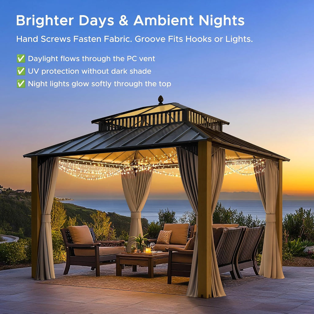 SUNJOY Kingston 12' x 10' Hardtop Wood Gazebo with Galvanized Steel/Polycarbonate Double Roof, Curtain and Netting, Cedar Posts Permanent Pavilion Gazebo for Garden, Patio, Deck, Lawn