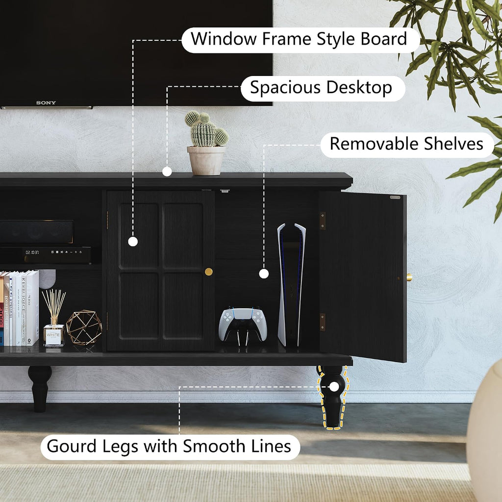 3More 67' Mid Century Modern TV Stand with Window Design,Wood Entertainment Center with Open Shelf,Up to 70' Media TV for Living Room or Bedroom,Black