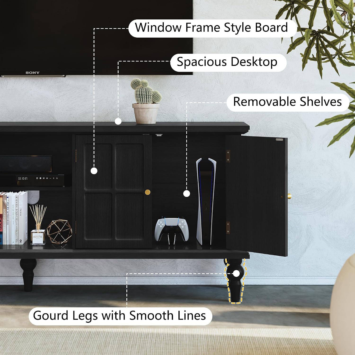 3More 67' Mid Century Modern TV Stand with Window Design,Wood Entertainment Center with Open Shelf,Up to 70' Media TV for Living Room or Bedroom,Black
