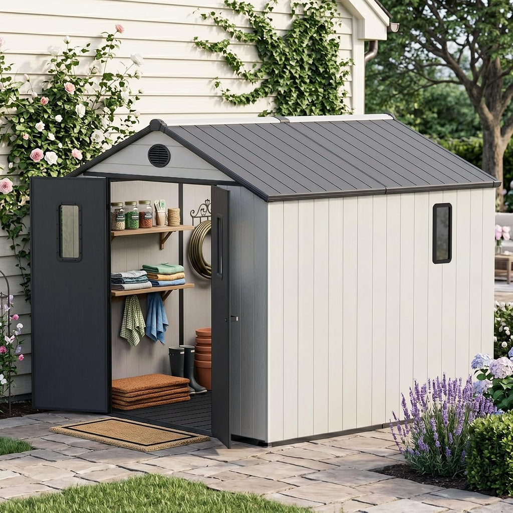 COOS BAY 8x8 Outdoor Storage Shed with Floor, Lockable Doors, All-Weather Resin Garden Tool Shed, White/Gray