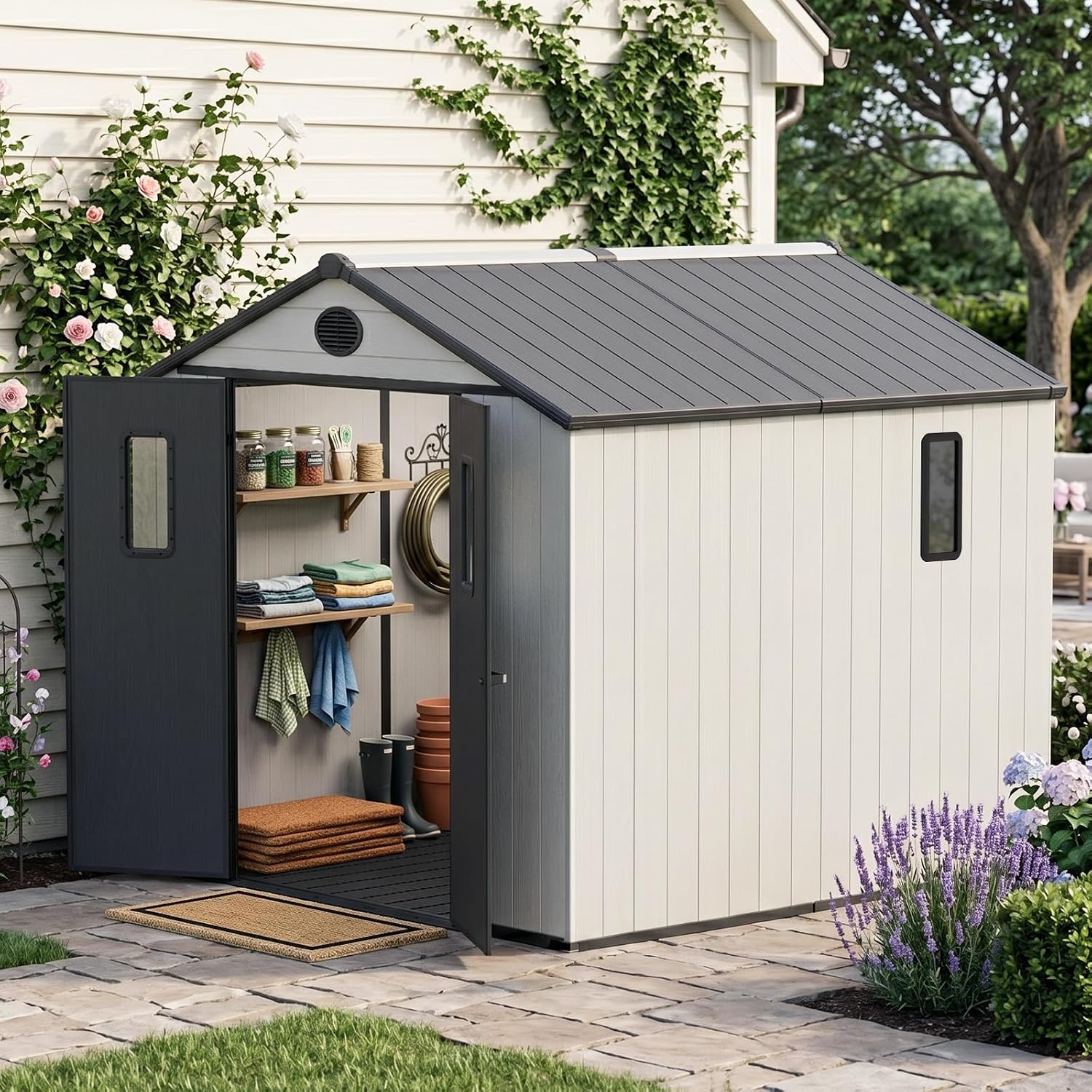 COOS BAY 8x8 Outdoor Storage Shed with Floor, Lockable Doors, All-Weather Resin Garden Tool Shed, White/Gray