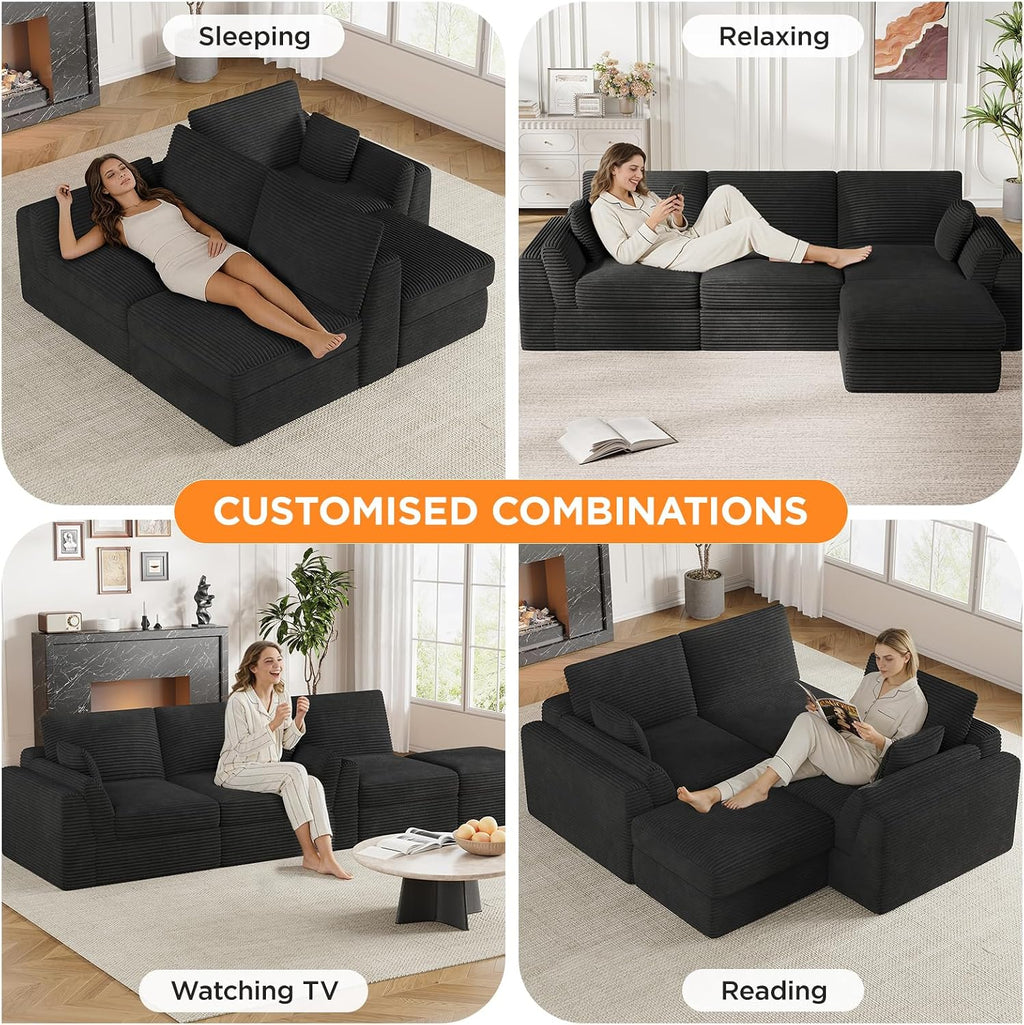 Vabches 106.6' Modular Sectional Sofa with Chaise, Comfy Cloud Sectional Couch, Modern L-Shape Corduroy Sofa with Deep Seat, Upholstered Couches for Living Room Bedroom,No Assembly Required (Black)