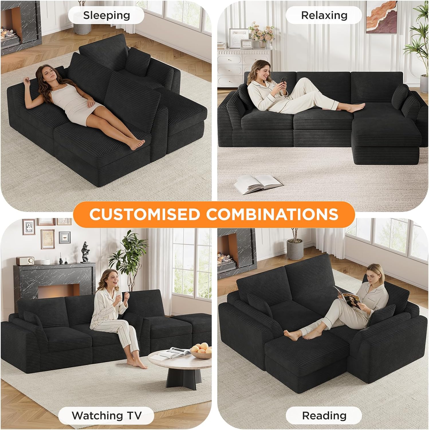 Vabches 106.6' Modular Sectional Sofa with Chaise, Comfy Cloud Sectional Couch, Modern L-Shape Corduroy Sofa with Deep Seat, Upholstered Couches for Living Room Bedroom,No Assembly Required (Black)