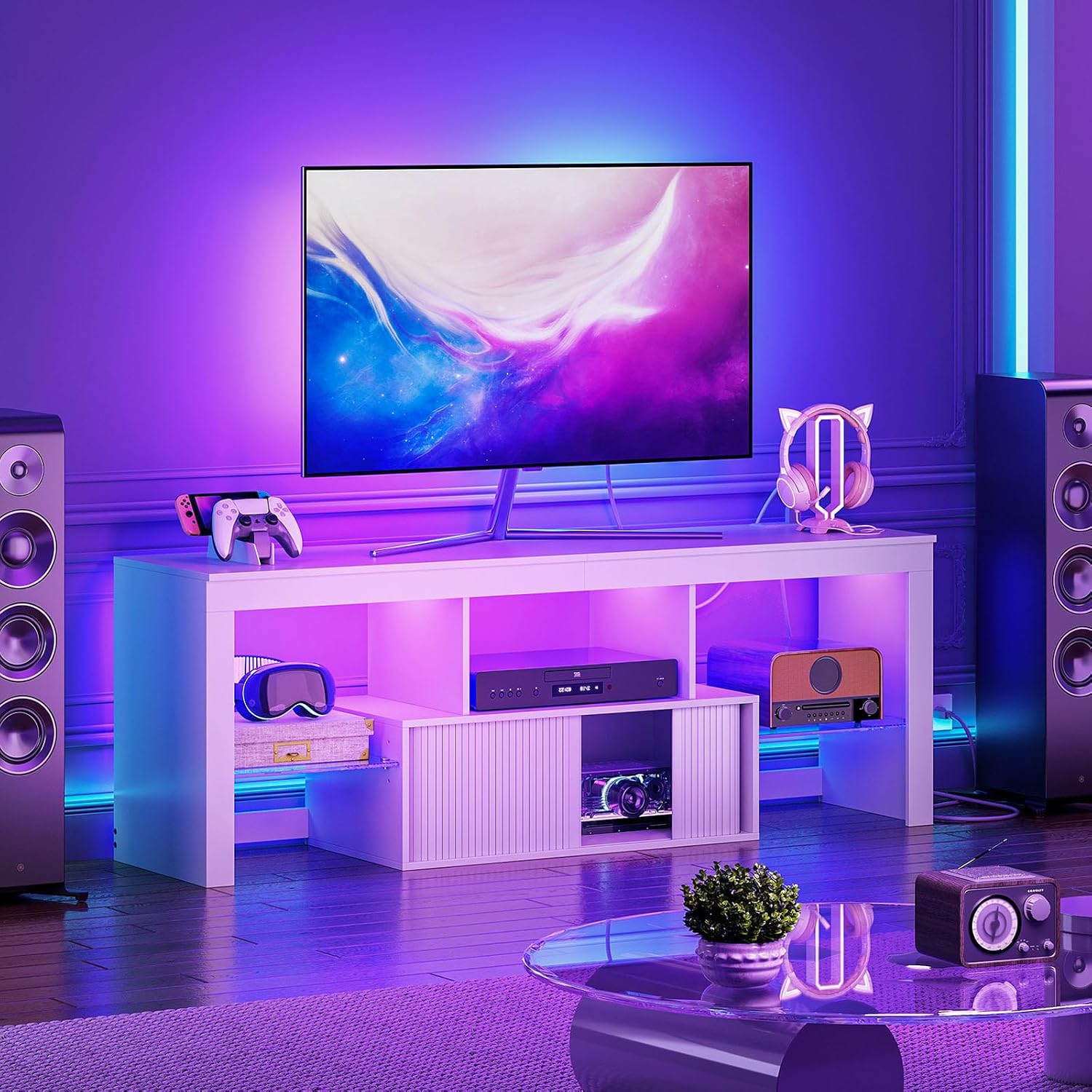 CHOEZON TV Stand with Power Outlet, Modern TV Cabinet for 55 60 inch TVs, Media TV Console with LED Light Strip, Media Entertainment Center with Storage, for Living Room, Bedroom, White MDS02UDWB