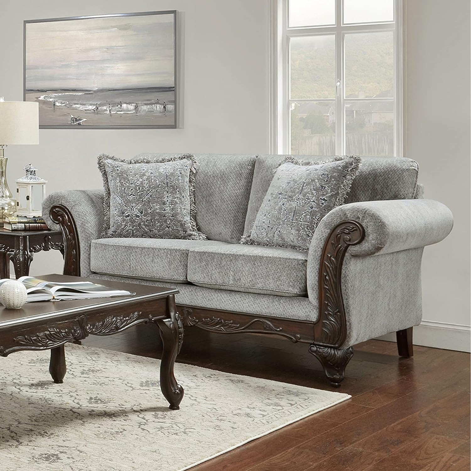 Hernen Carved Wood Frame 5-Piece Living Room Set, Gray