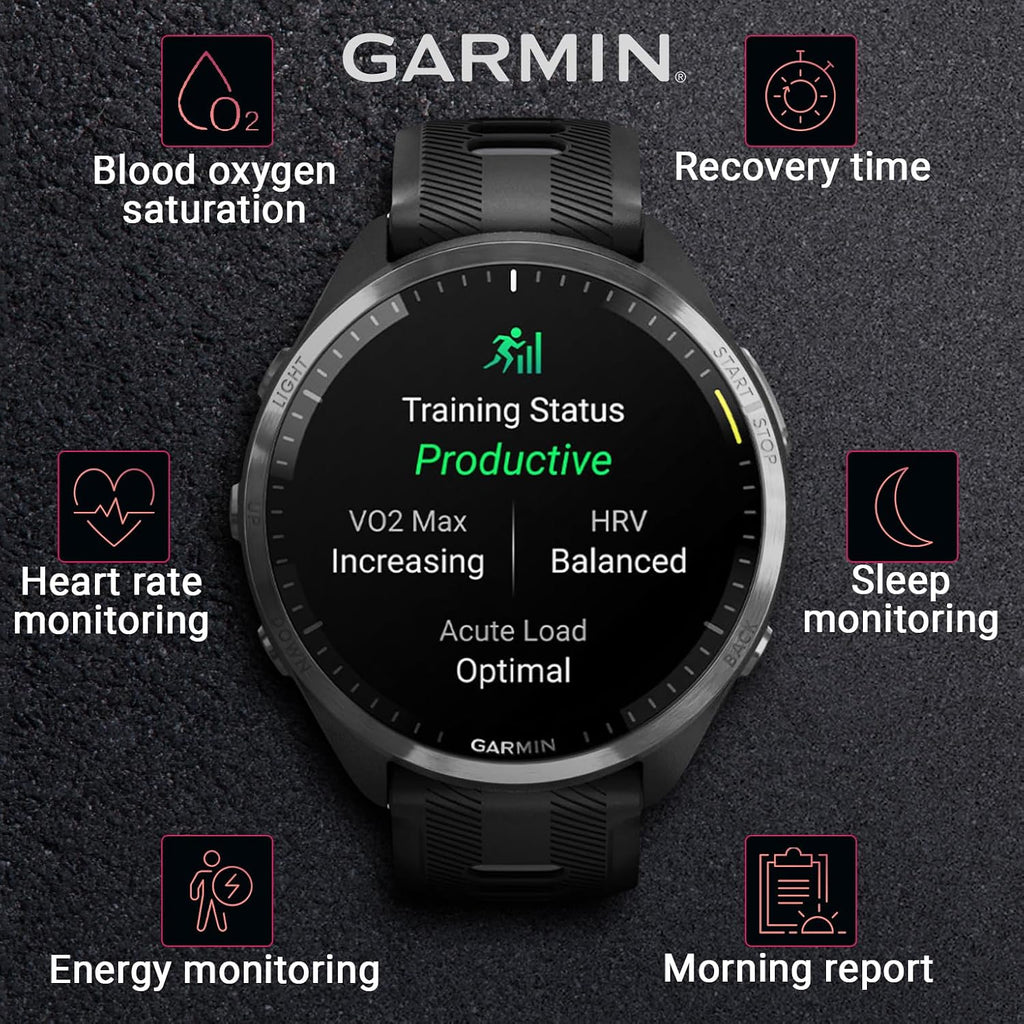 Garmin Forerunner 965 Premium GPS Running and Triathlon 47mm Smartwatch with AMOLED Touchscreen Display, Carbon Gray DLC Titanium Bezel Black Silicone Band E-Bank Bundle, Black +E-bank